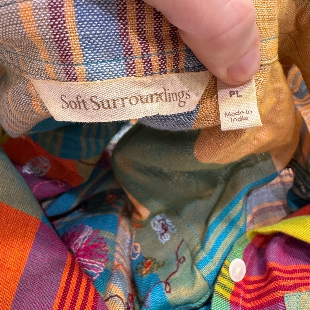 SOFT SURROUNDINGS Spring Summer Bright Heavily Embroidered Plaid Linen Blend - Picture 7 of 8